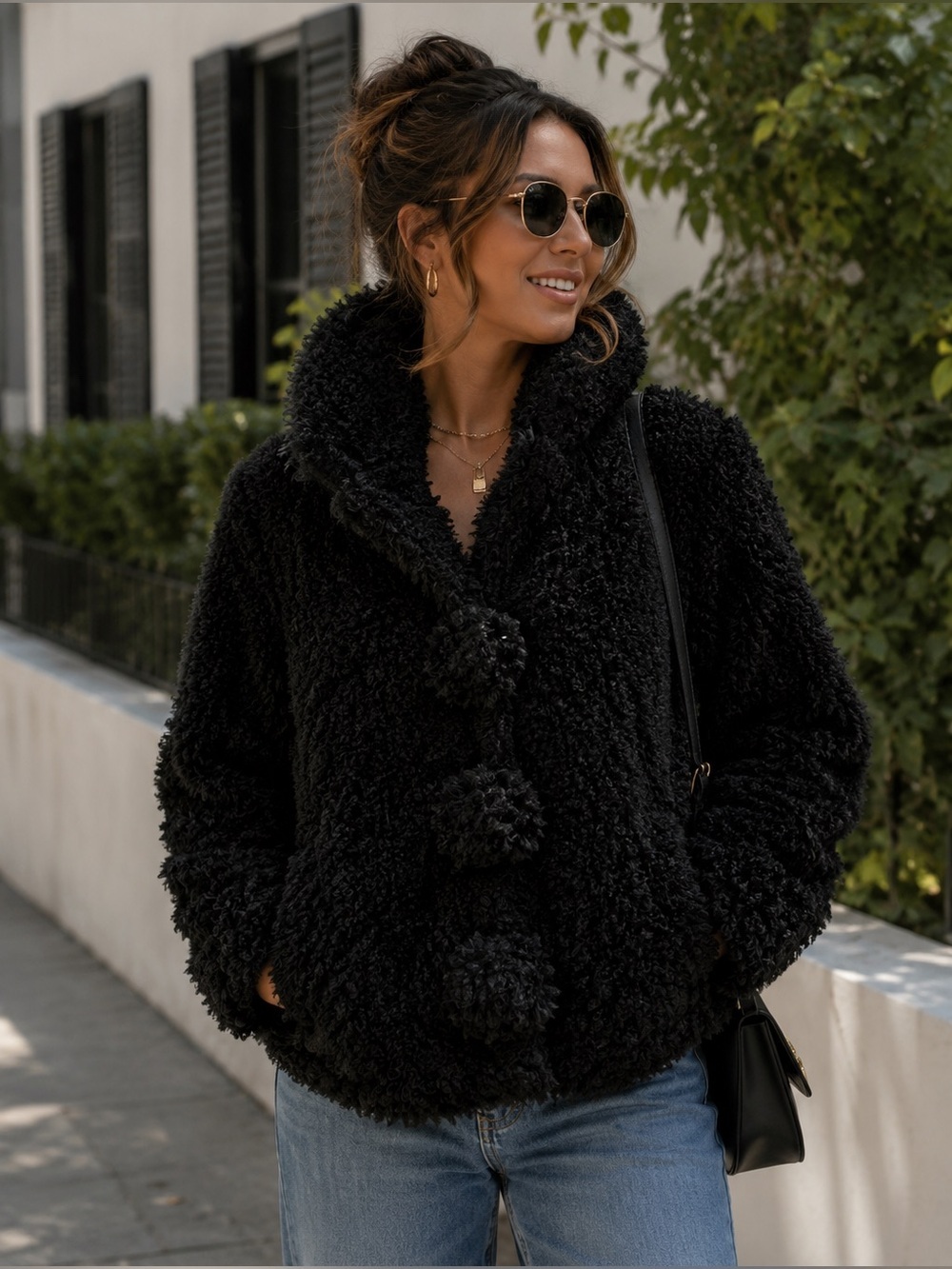 Montanaco Black Shaggy Faux Fur Bomber Jacket / PomPom/Festival/NYE/Club/‎ Chic